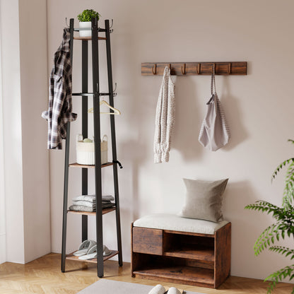 Kareva Metal And Wood Brown And Black 4 Tier Industrial Coat Stand With Shelves