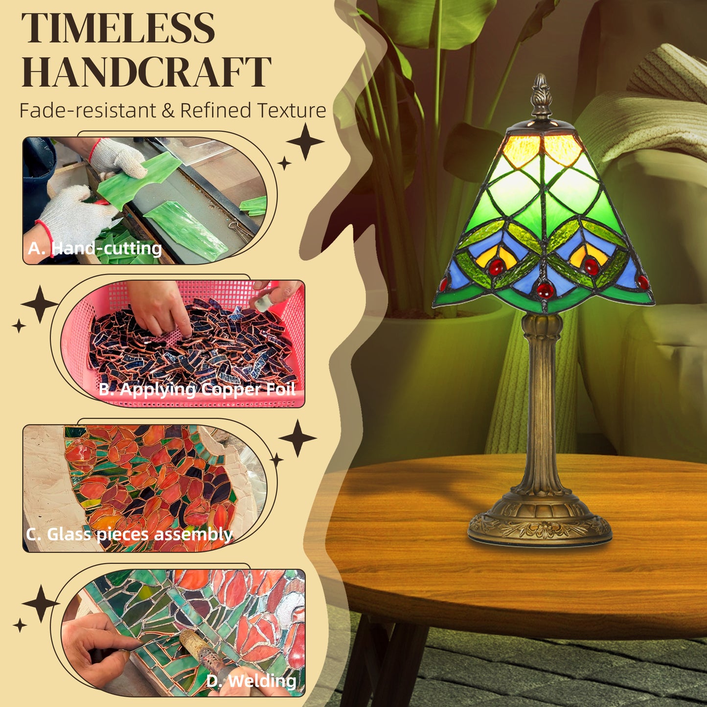 Mamavi Glass And Metal Green Tiffany Style Table Lamp With Geometric Stained Design