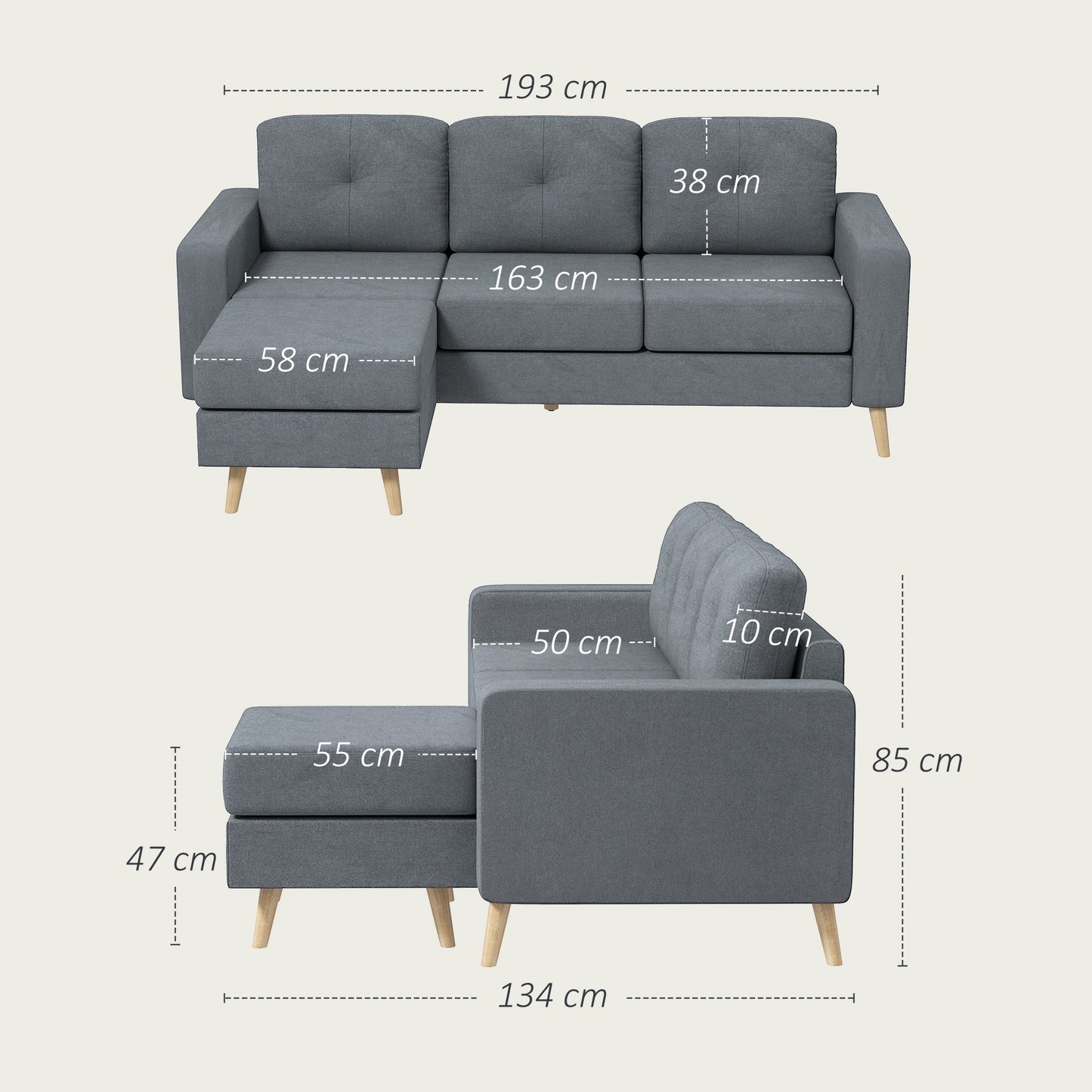 Tafave Fabric Dark Grey L Shaped Corner Sofa With Footstool Tufted Back And Wooden Legs