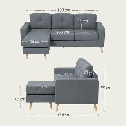 Tafave Fabric Dark Grey L Shaped Corner Sofa With Footstool Tufted Back And Wooden Legs