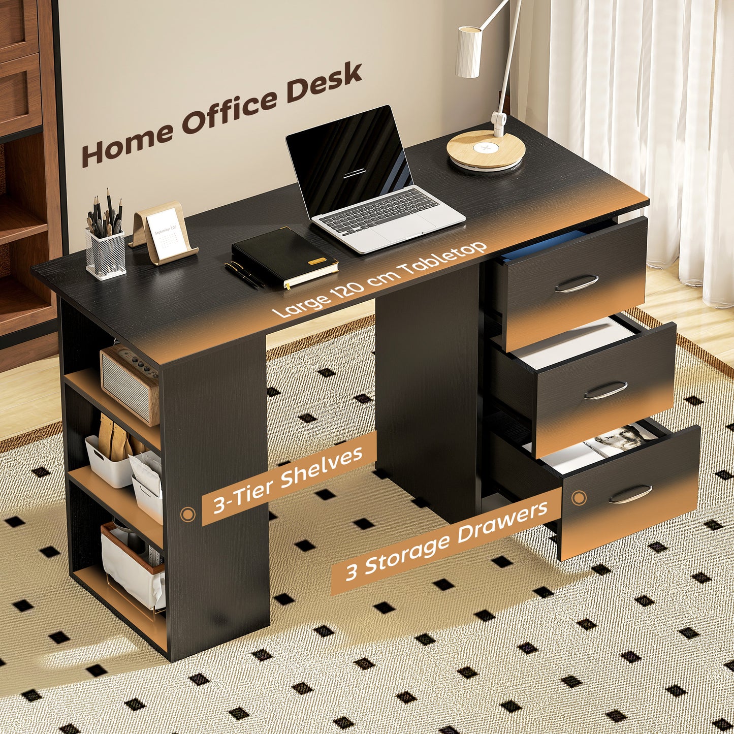 Tonosa 120cm Wooden Black Study Desk With 3 Shelves And 3 Drawers