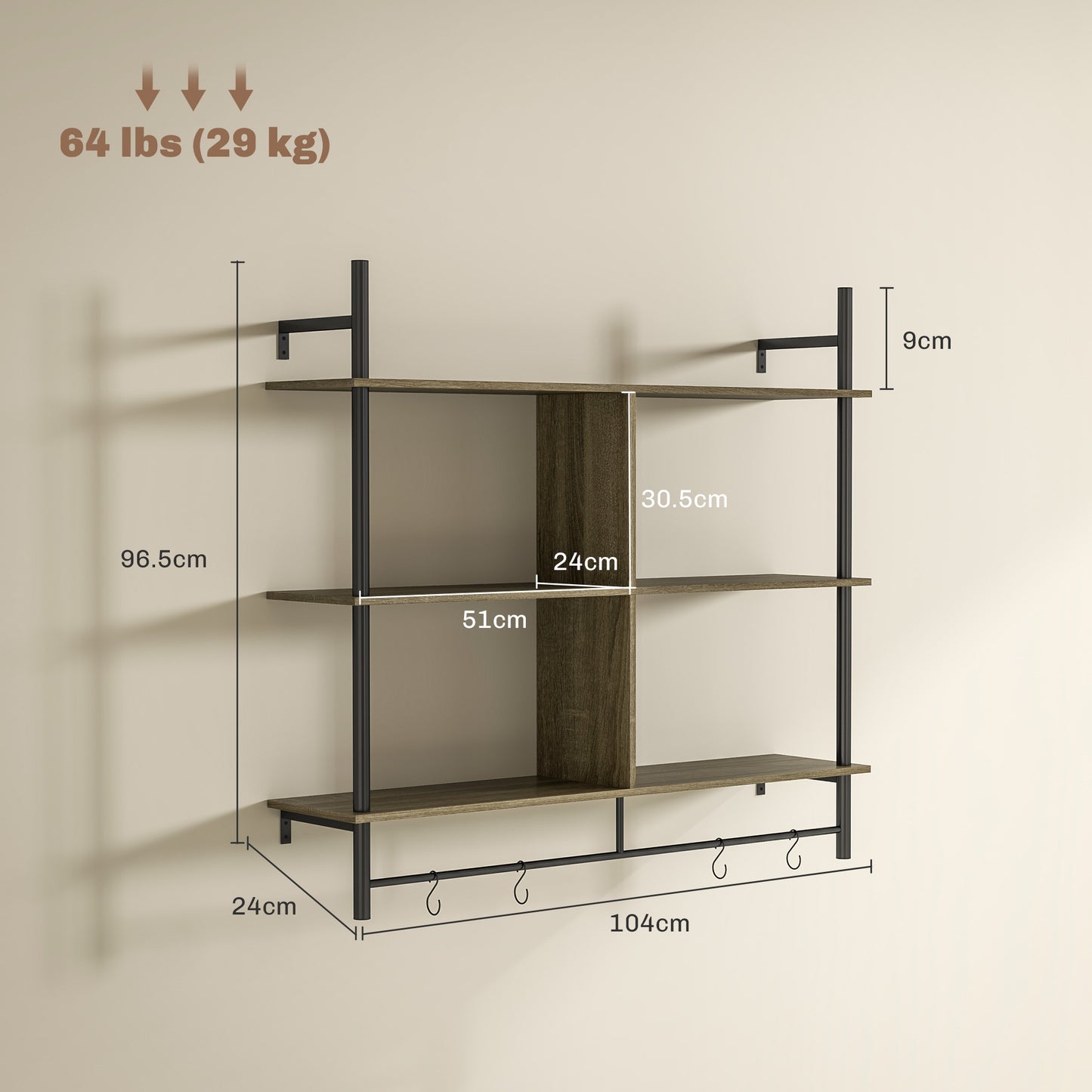 Doso Yoli Wood Effect Grey 3 Tier Floating Wall Shelves