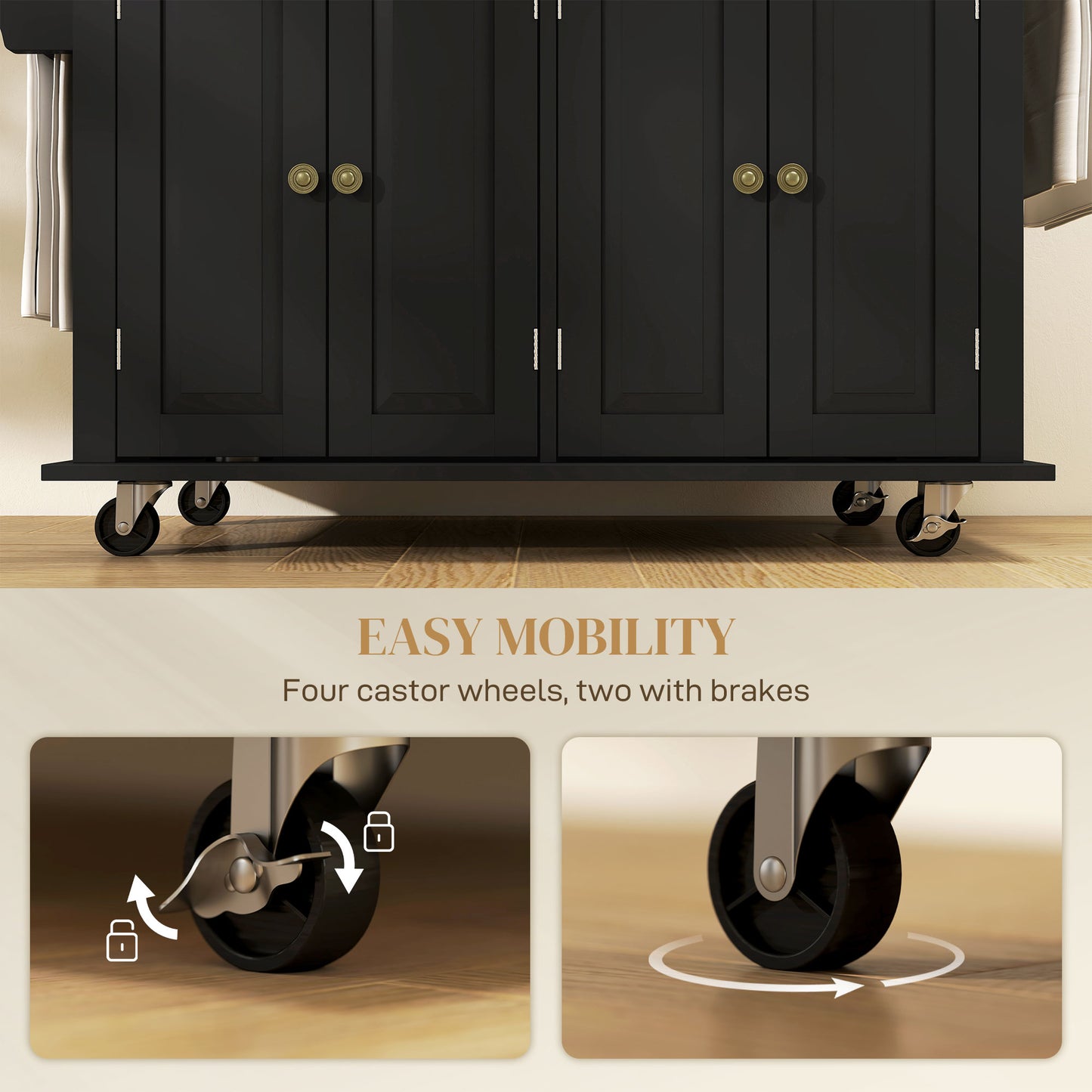 Telatti Rubberwood Top Black Rolling Kitchen Island With Drawers And Storage