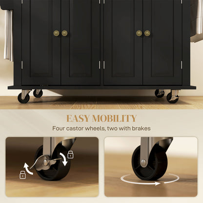 Telatti Rubberwood Top Black Rolling Kitchen Island With Drawers And Storage
