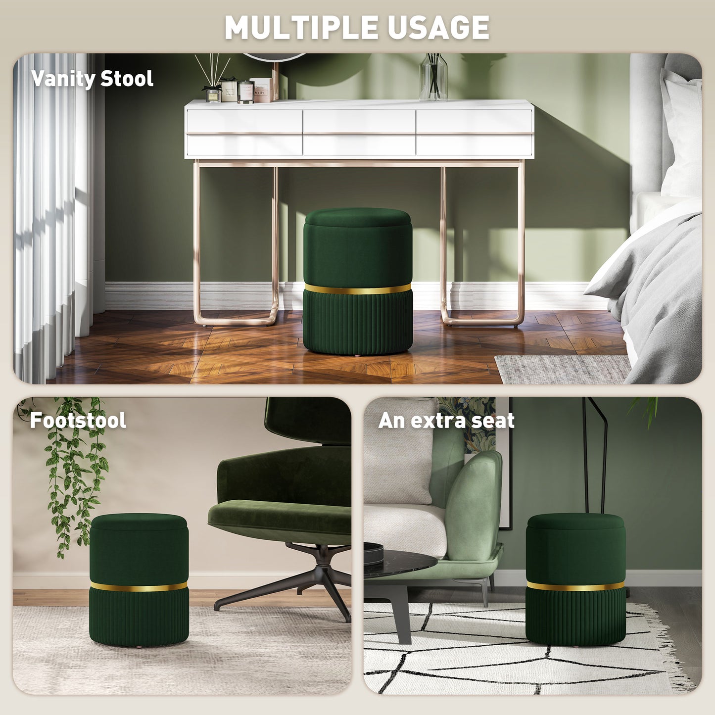 Rapa Etched Velvet Green Storage Ottoman With Gold Detail