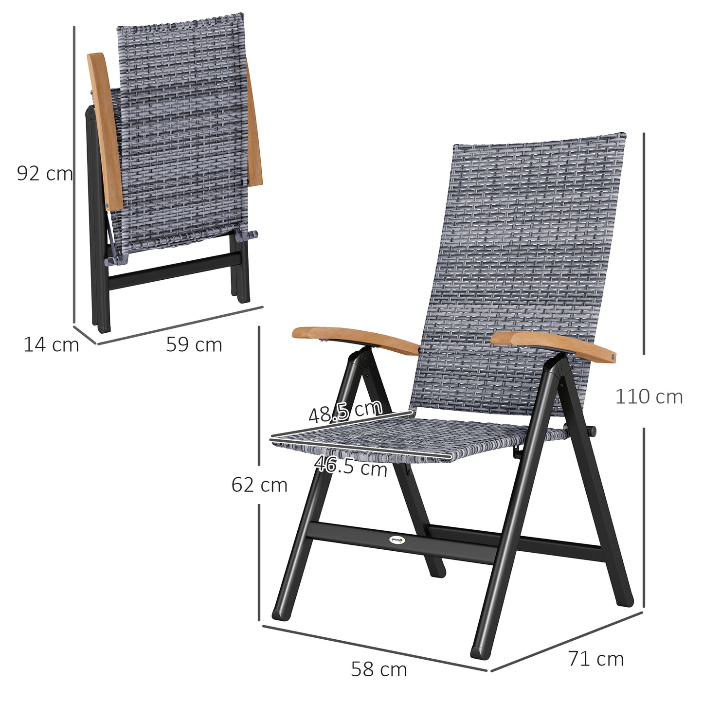 Nihara Rattan Light Grey Folding Garden Dining Chairs Set Of 2 With Reclining Back And Wooden Armrests