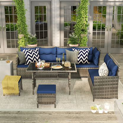 Rarapa Rattan Dark Blue 7 Seater Garden Sofa Set With Glass Table And Cushions