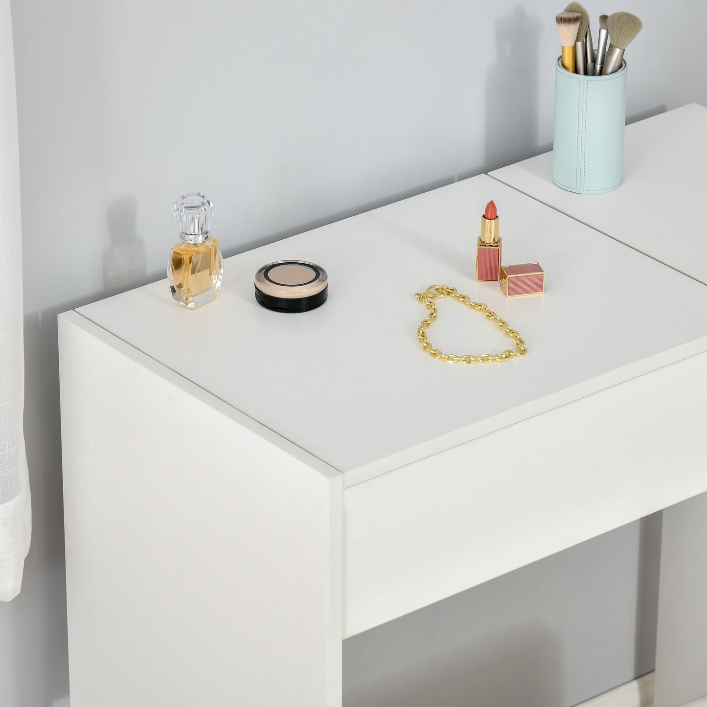 Fimazi Mola White Vanity Desk With Flip Mirror Drawer Storage And Cushioned Stool
