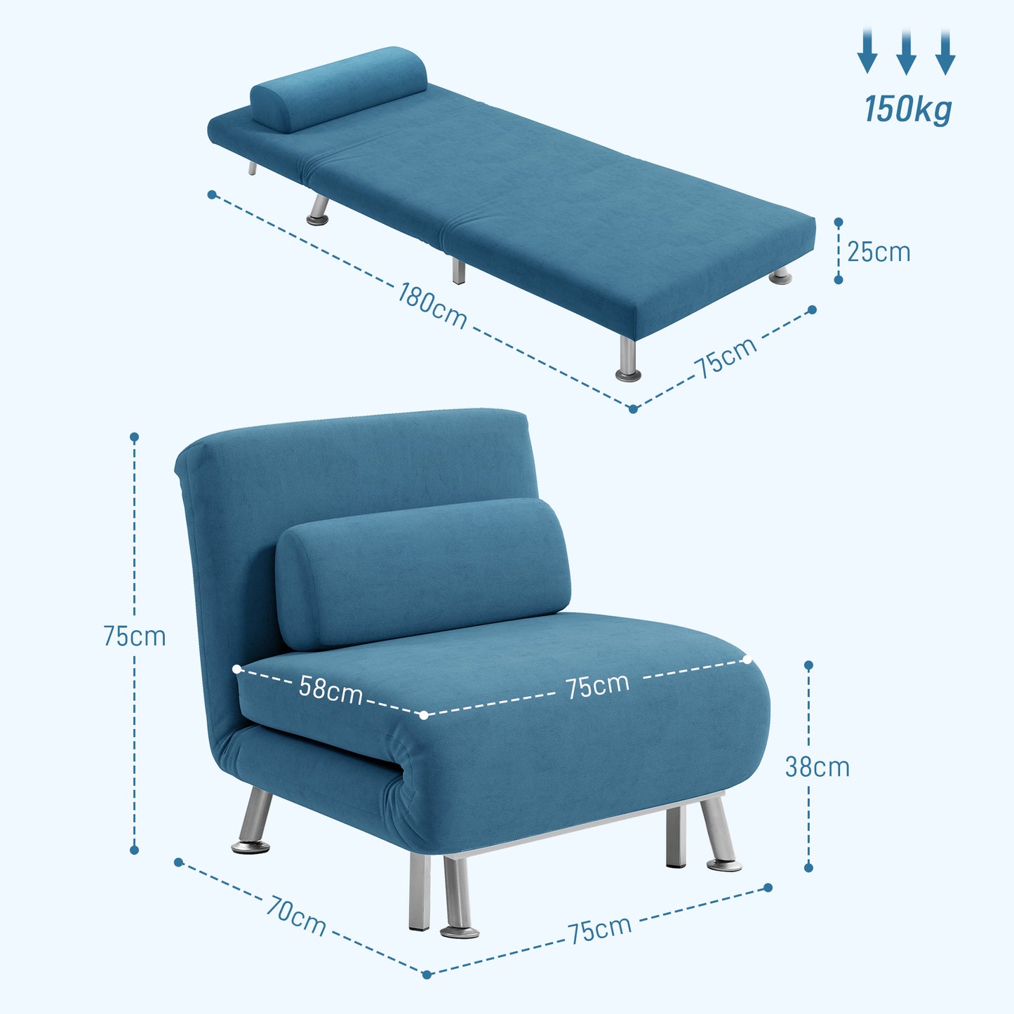 Ziel Lika Blue Velvet Single Sleeper Chair Silver Metal Legs