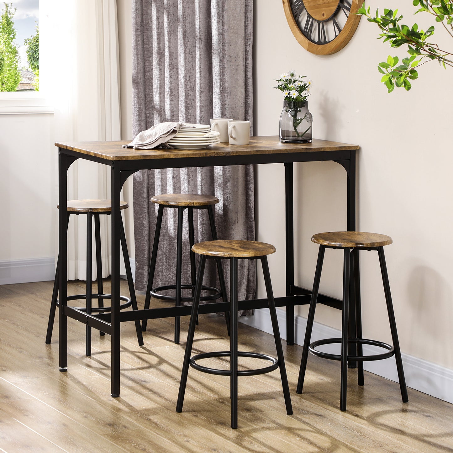 Soka Wooden Brown And Black 5 Piece Industrial Bar Table And Stool Set