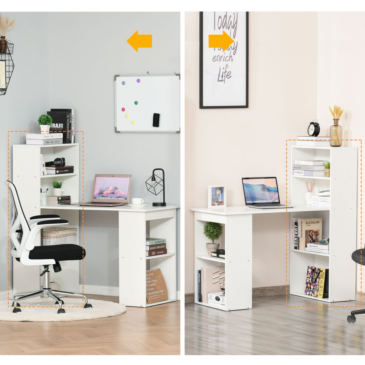 Zire 120cm Wooden White Study Desk With 6 Tier Bookshelf Storage
