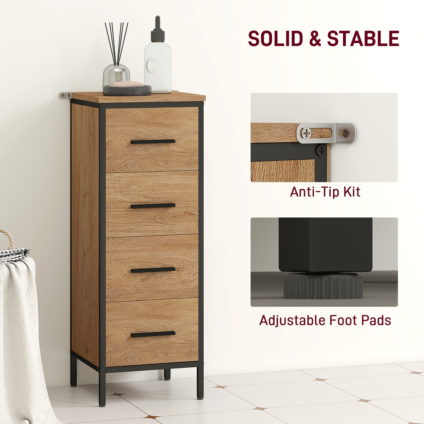 Nita Narrow Bathroom Storage Cabinet With 4 Drawers Oak Finish