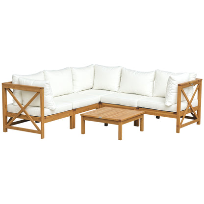 Mokeni 5 Seater Natural Wood Frame Outdoor Garden Seating Set with White Cushions