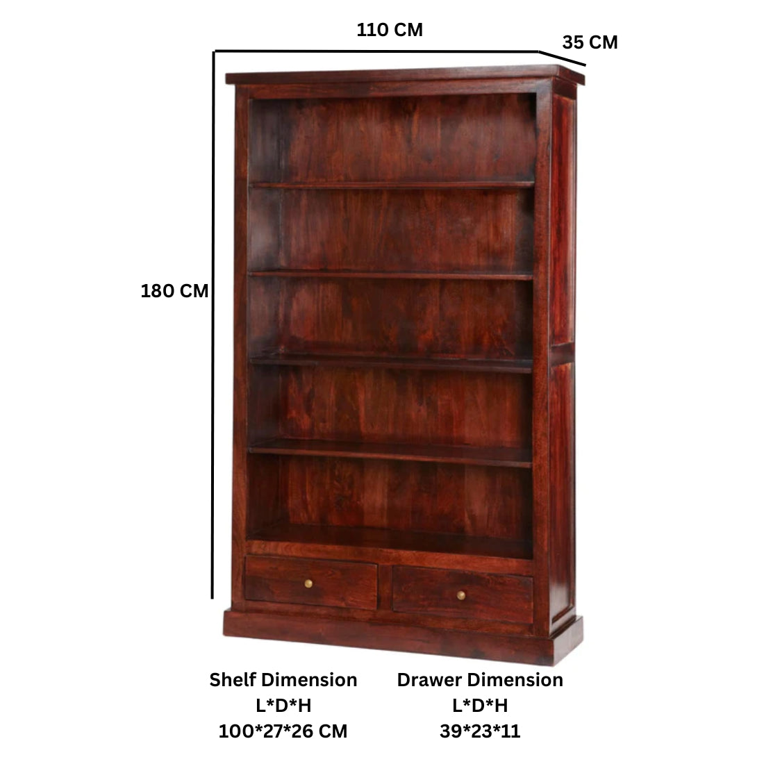 Oxford Mahogany Mango Wood Bookcase 5 Shelves 2 Drawers