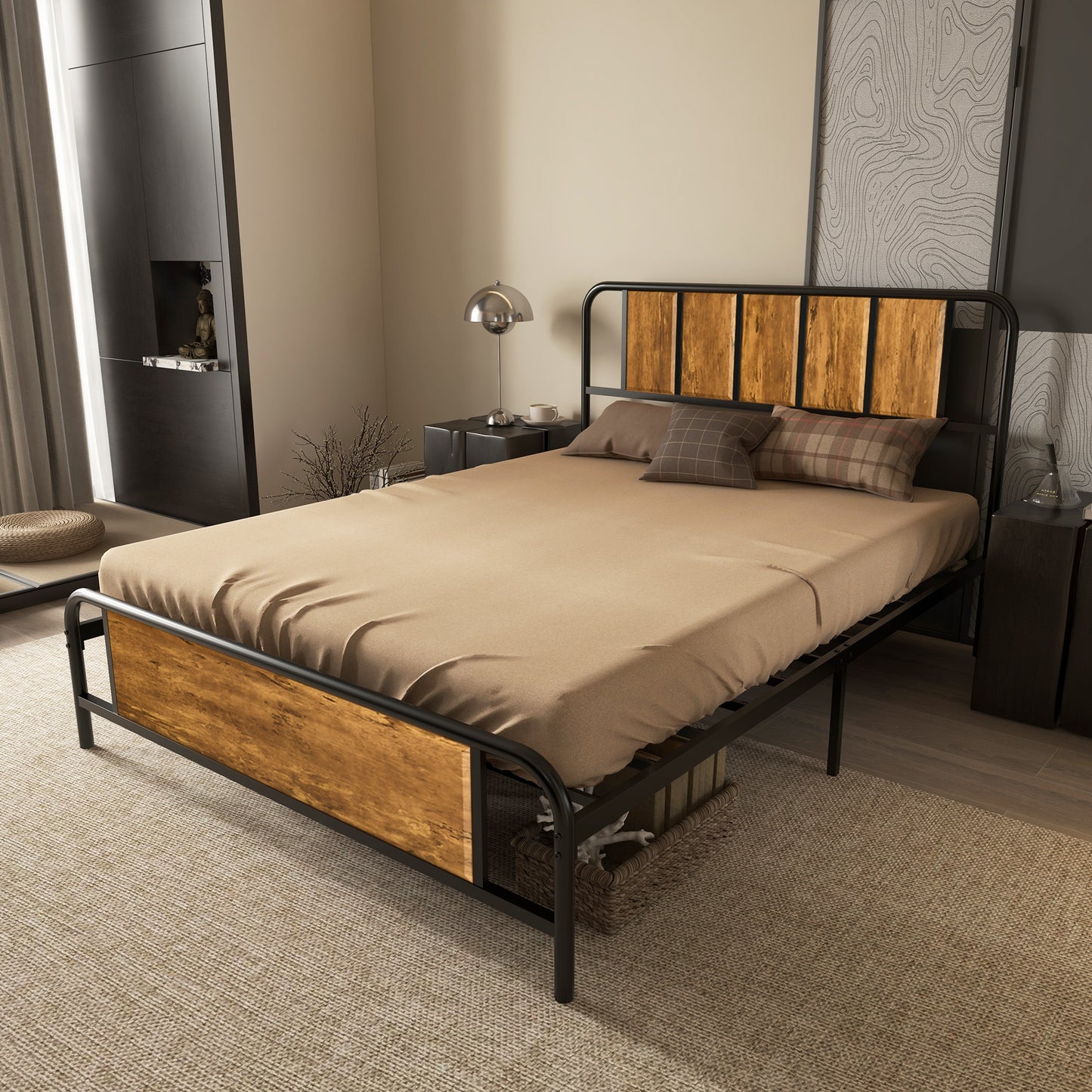 Hawatti 4FT6 Industrial Double Bed Frame With Wood Headboard and Footboard