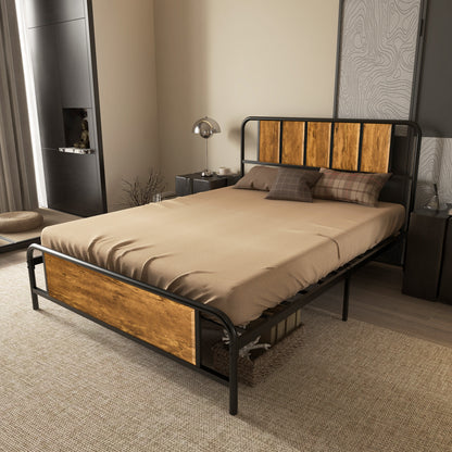 Hawatti 4FT6 Industrial Double Bed Frame With Wood Headboard and Footboard