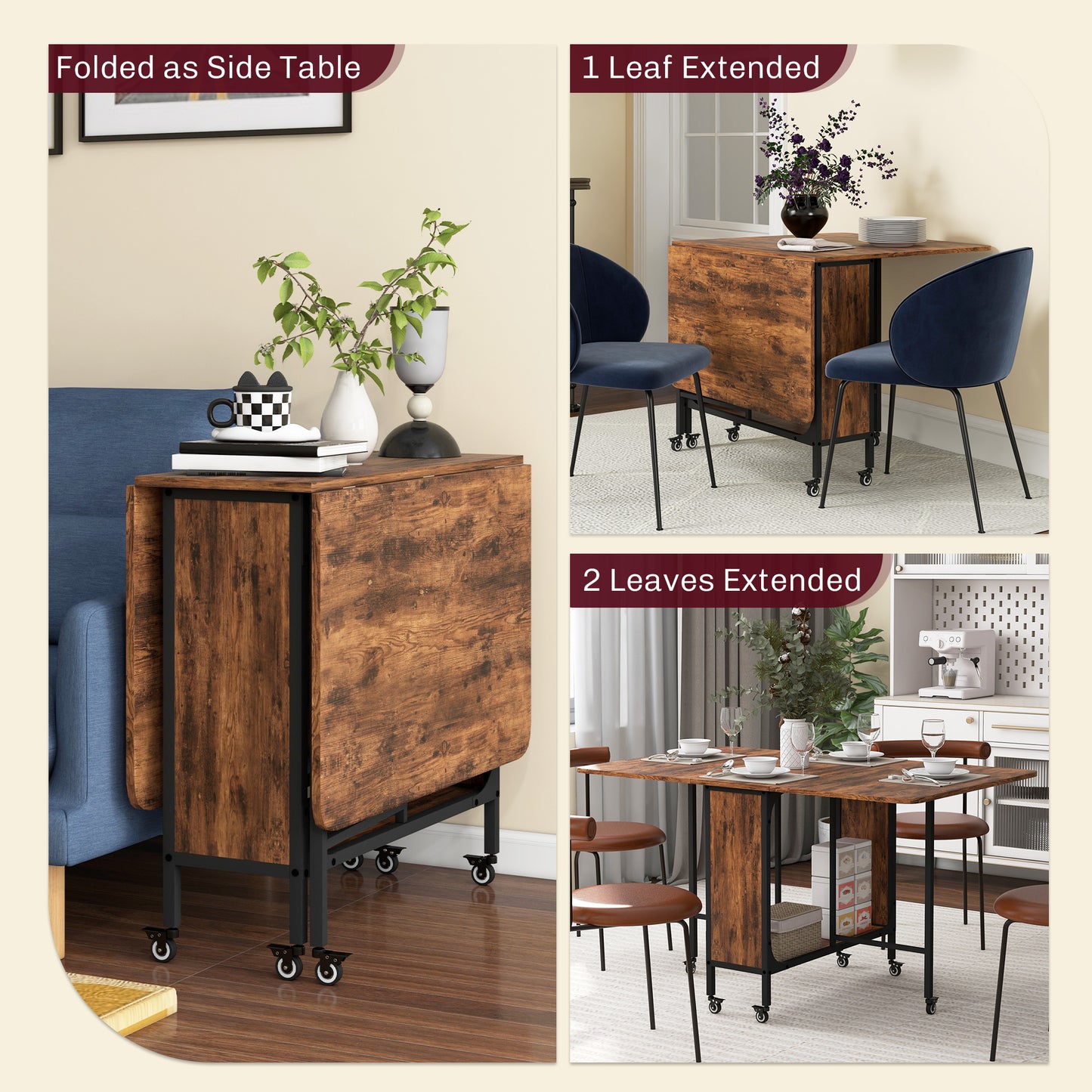 Nilanana Wooden Rustic Brown And Black Drop Leaf Dining Table Seating 6