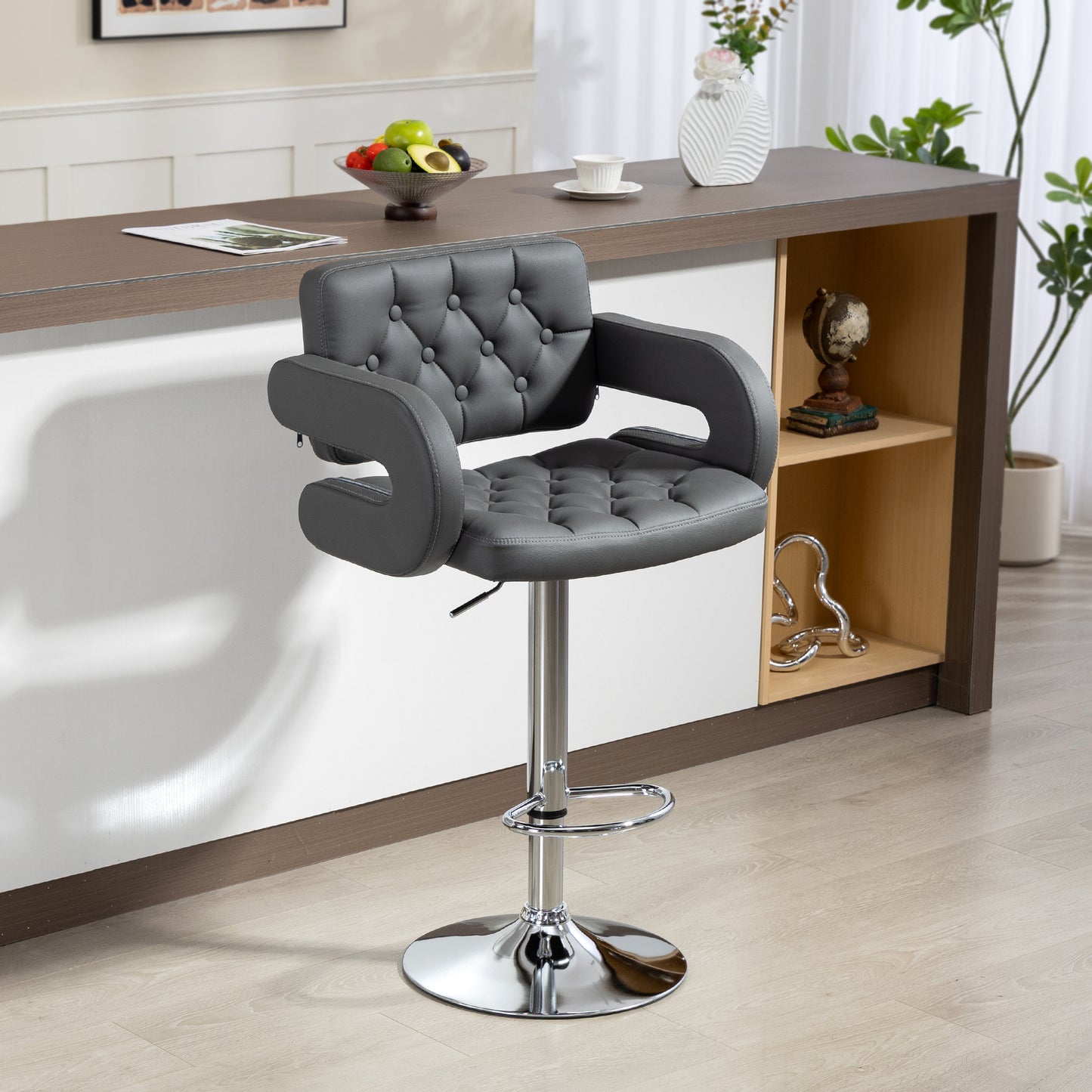 Sacorte Grey Faux Leather Adjustable Swivel Bar Stool With Armrests