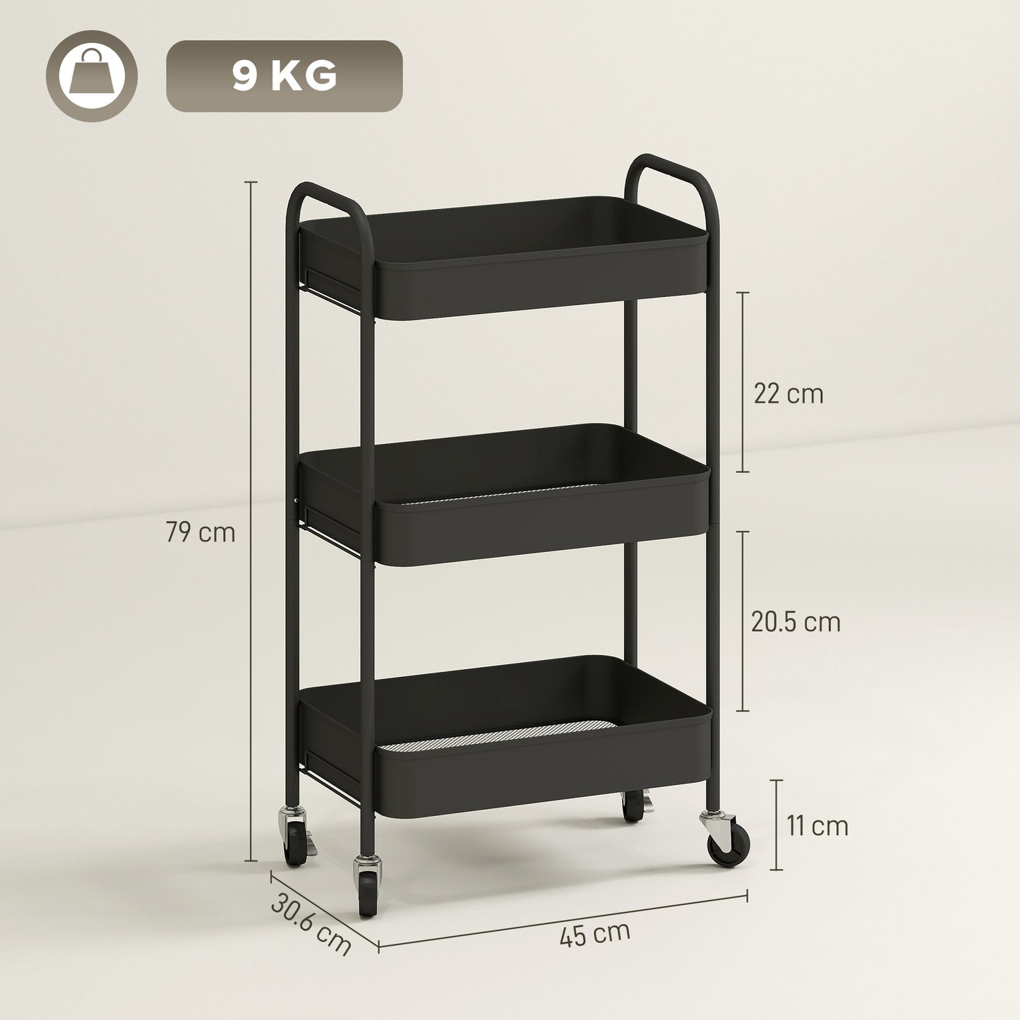 Varafi Metal Black 3 Tier Steel Storage Trolley With Wheels
