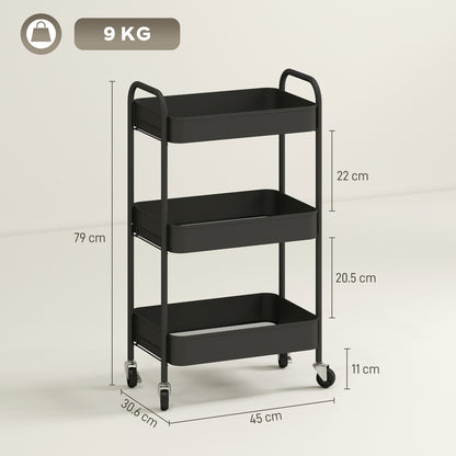 Varafi Metal Black 3 Tier Steel Storage Trolley With Wheels