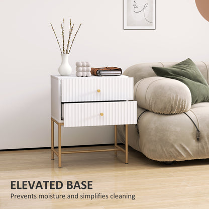 Lelu Rata White and Gold Elegant 2 Drawer Ribbed Bedside Table