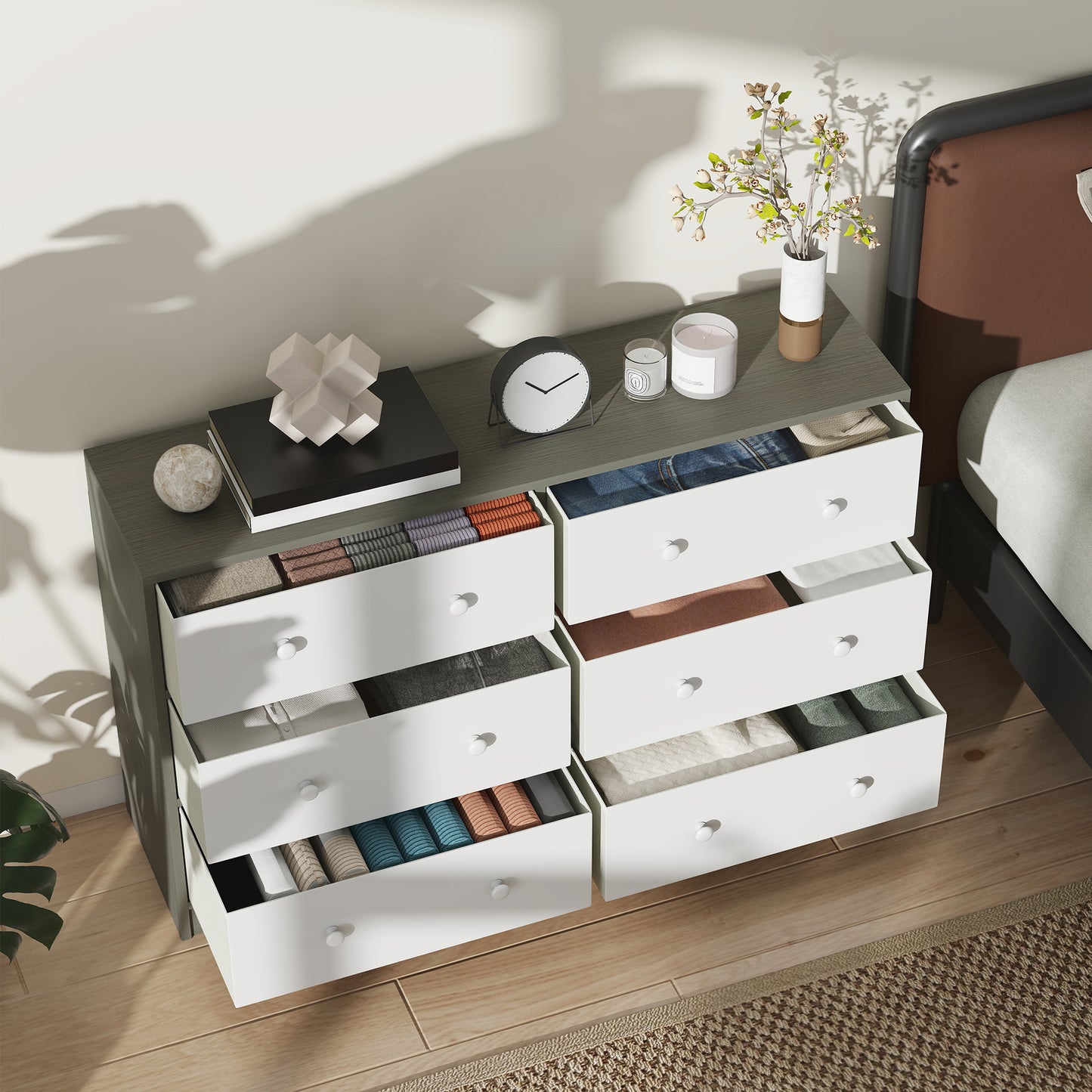Nafiso Fabric And Wood White And Grey 6 Drawer Storage Dresser