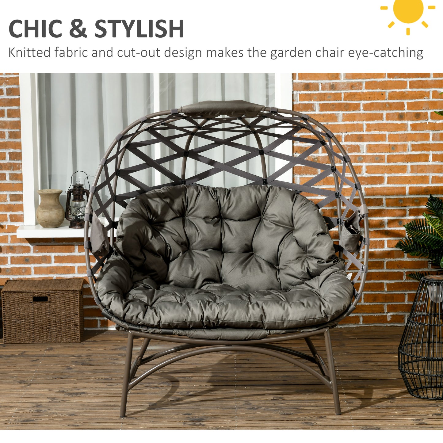 Stitzza Woven Rattan Sand Brown 2 Seater Folding Egg Chair With Cushions And Cup Holders