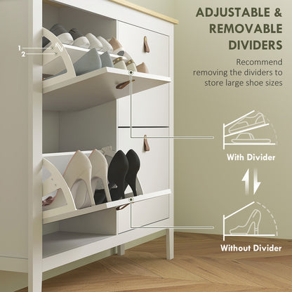 Milese Wooden White and Natural Modern 4 Drawer Shoe Cabinet Faux Leather Handles