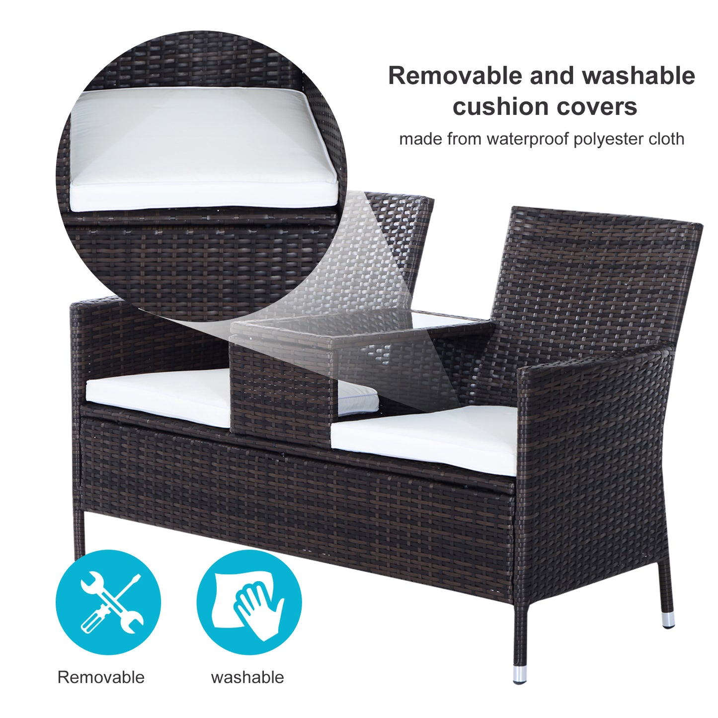 Vimivi Rattan Brown 2 Seater Outdoor Chair Set With Integrated Bistro Table