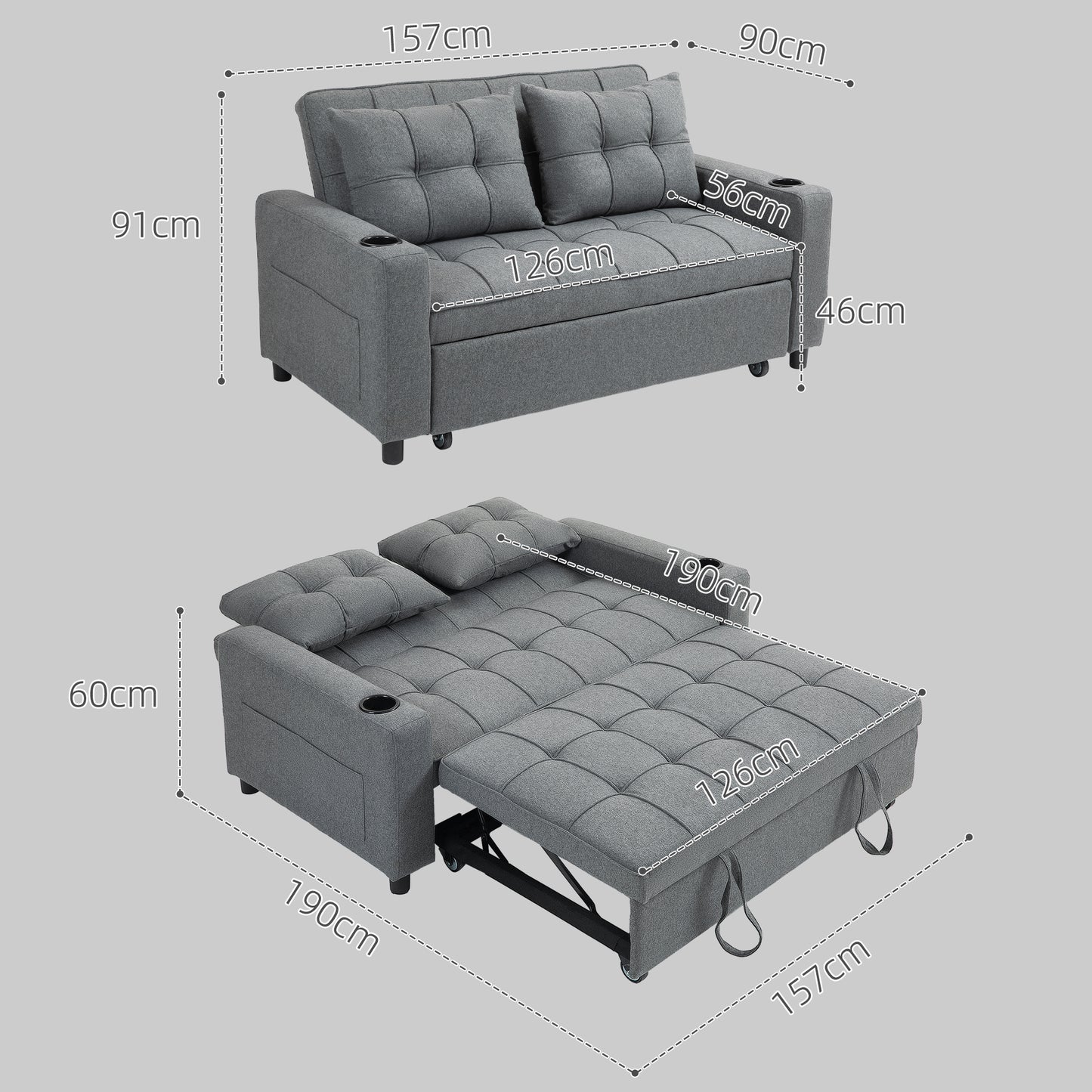 Rireel Diha Dark Grey Upholstered 2 Seater Pull Out Sofa Bed