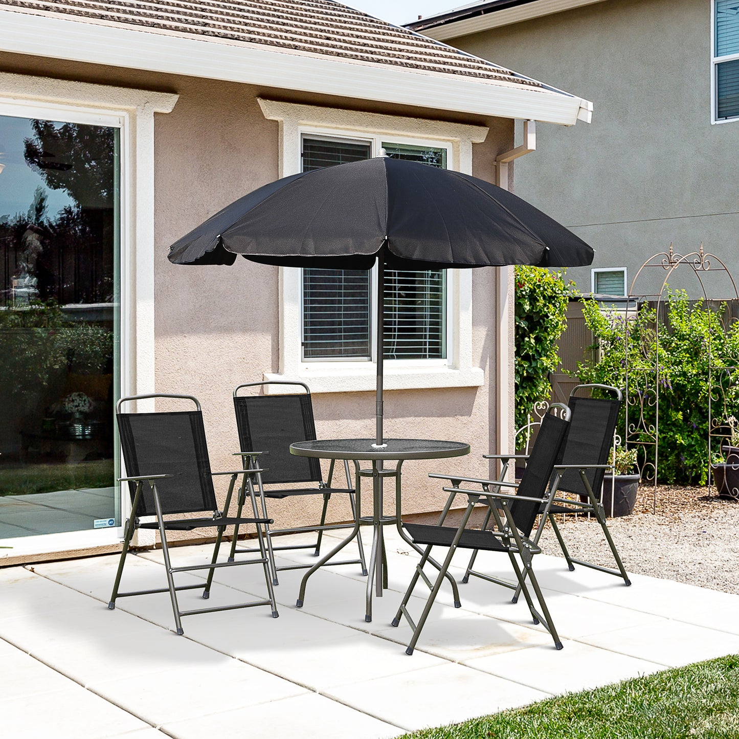 Jattare 4 Seater Metal and Mesh Black Garden Dining Set With Parasol Folding Chairs And Glass Table