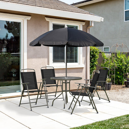 Jattare 4 Seater Metal and Mesh Black Garden Dining Set With Parasol Folding Chairs And Glass Table