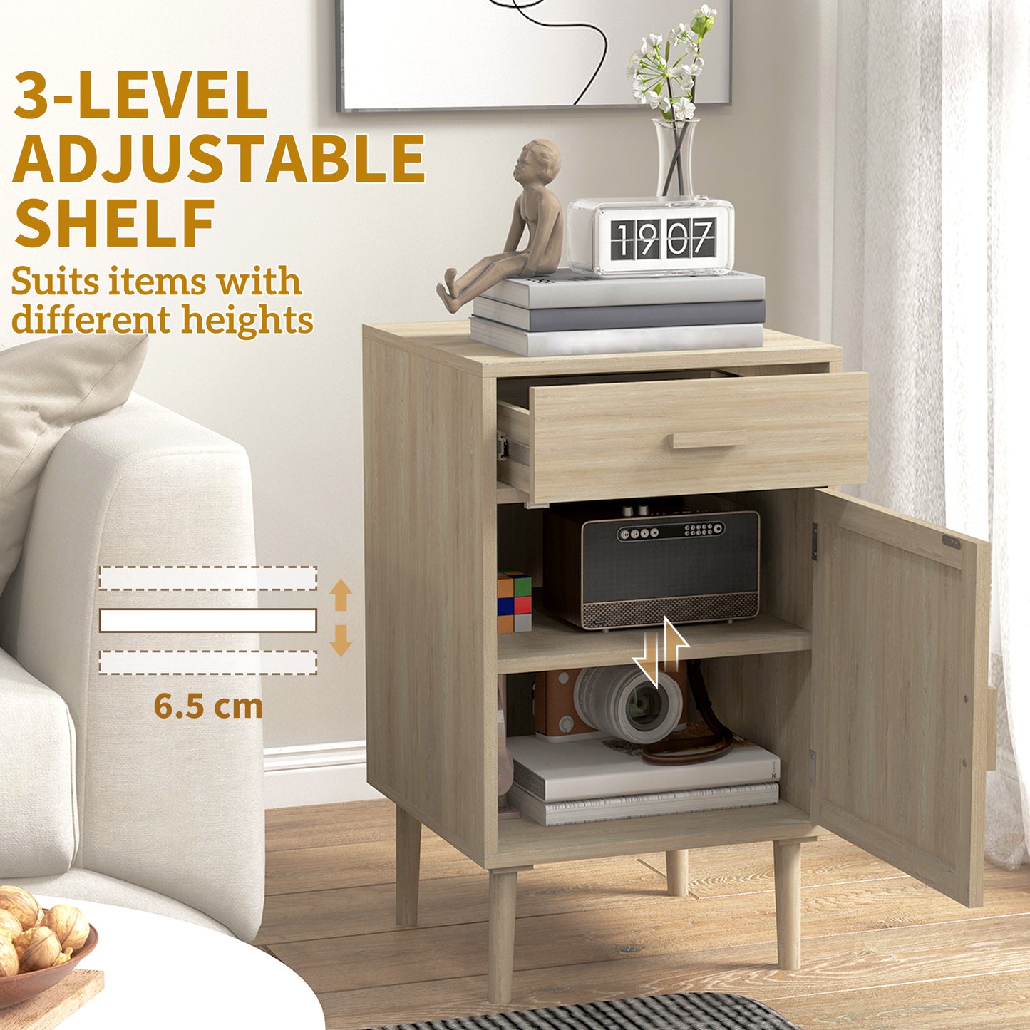 Dora Codo Set Of 2 Natural Wood Effect Rattan Bedside Tables With Drawer and Door