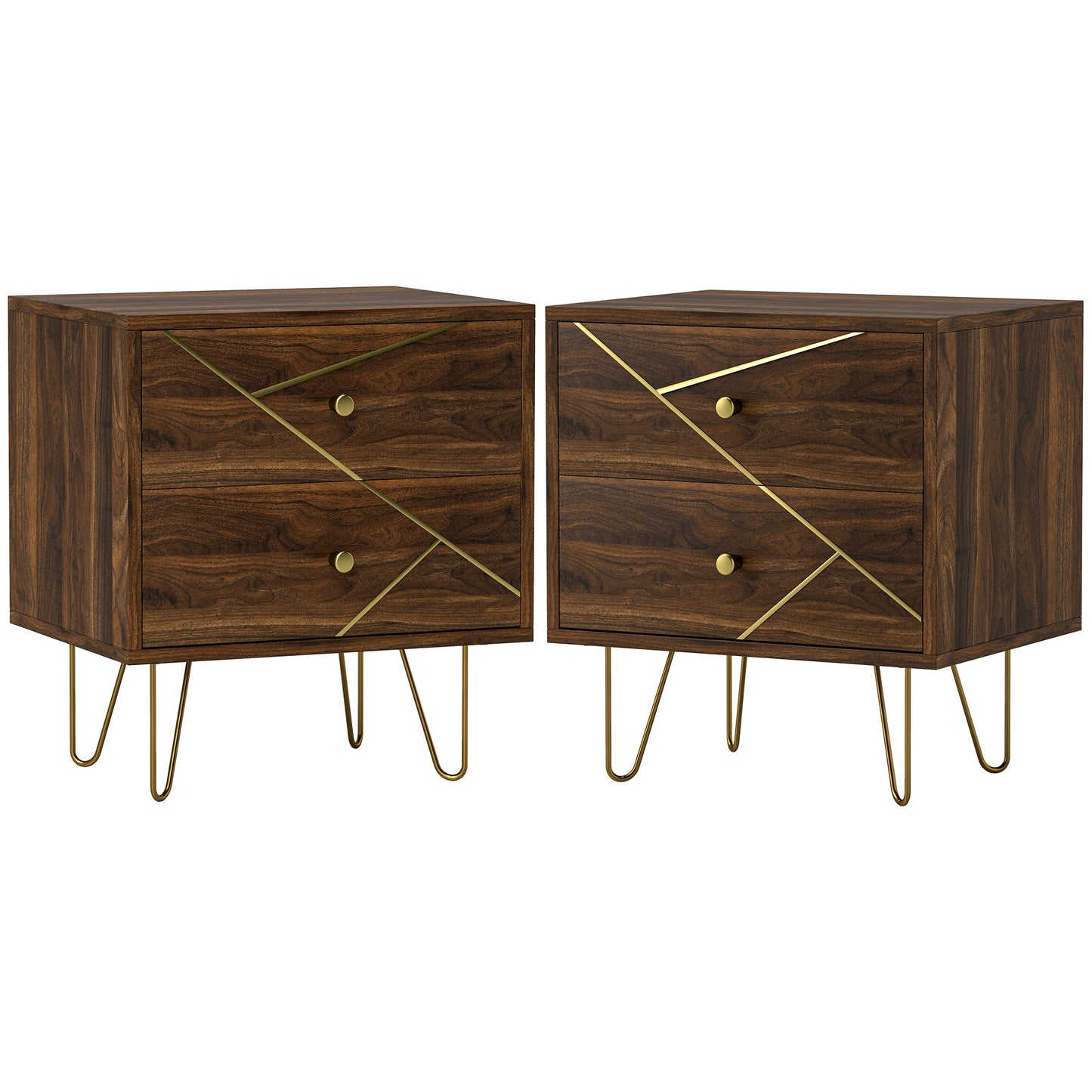 Vasare Soel Set Of 2 Gold and Brown Wood Grain Bedside Tables 2 Drawers Hairpin Legs