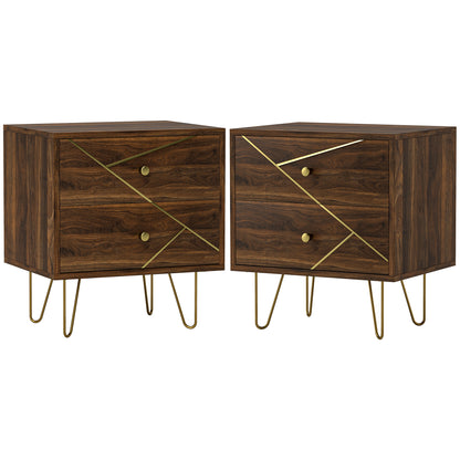 Vasare Soel Set Of 2 Gold and Brown Wood Grain Bedside Tables 2 Drawers Hairpin Legs
