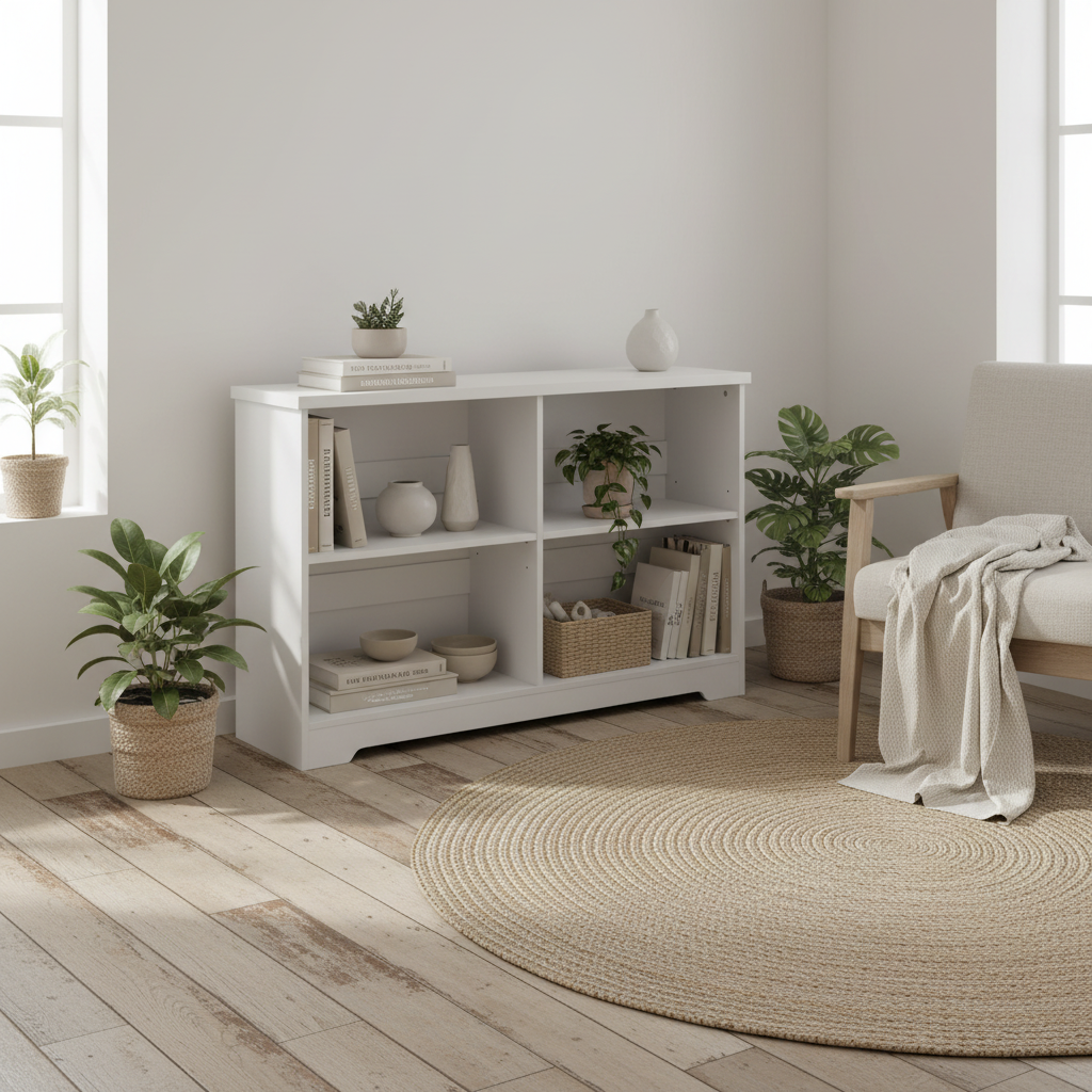 Sorano Wood White 2 Tier Cube Bookcase With 4 OFauxn Compartments 118 x 29 x 76cm