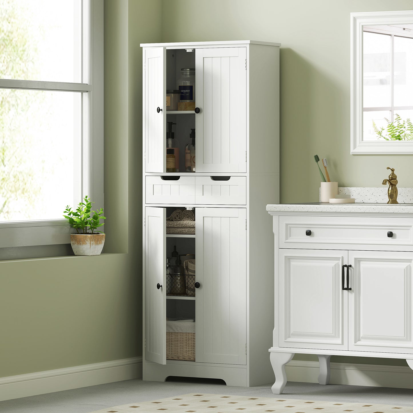 Lucola Tall Freestanding Bathroom Storage Cabinet In White