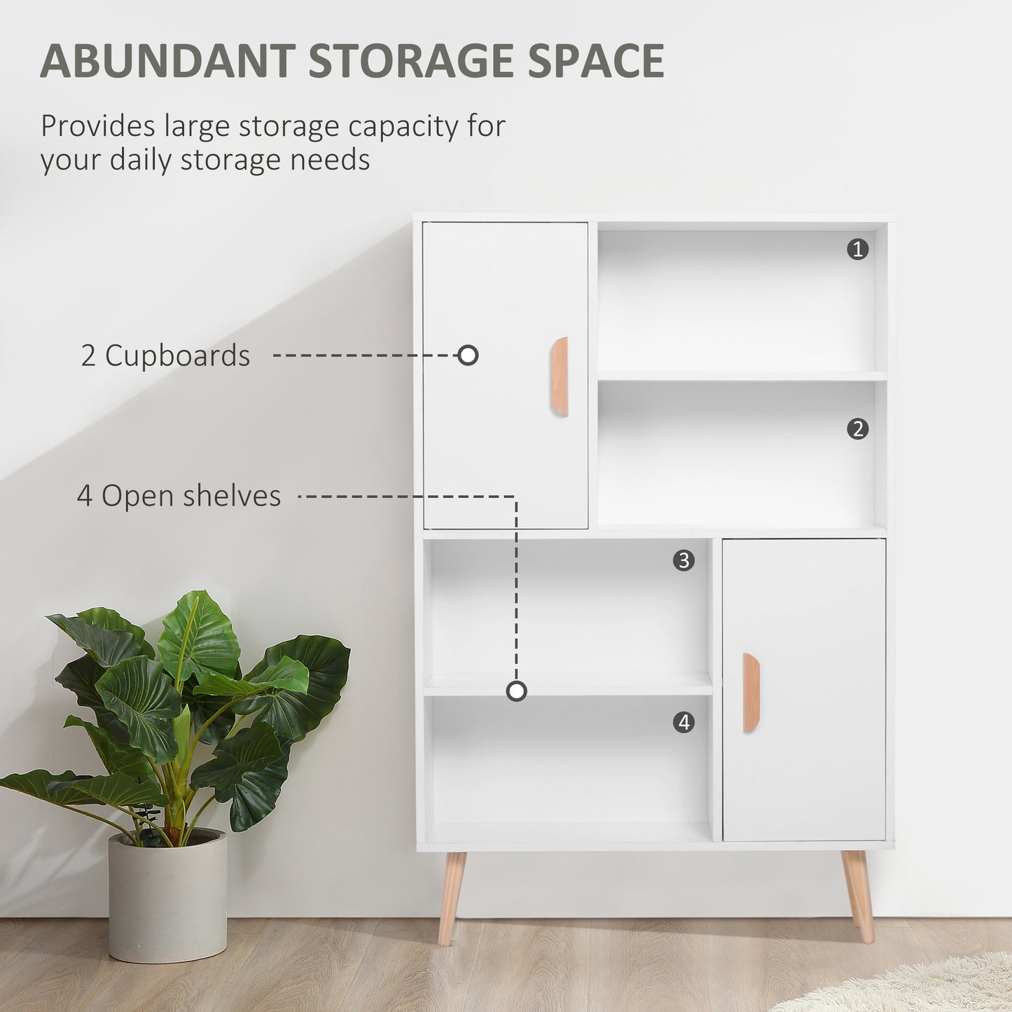 Nefi Wood White Freestanding Bookcase Sideboard With Adjustable Shelves And 2 Doors