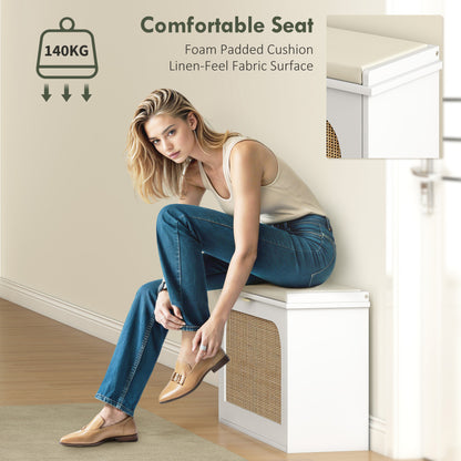 Kekami Wooden White Boho Style Shoe Bench With Cushioned Seat And Flip Drawer