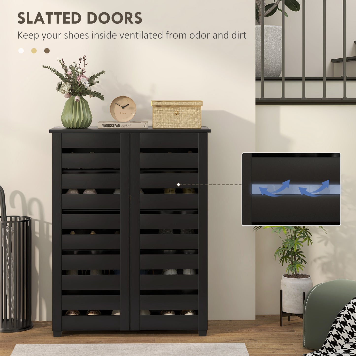 Kamoza Black Wooden White Slim Entryway Shoe Cabinet With 5 Tier Storage And Slatted Doors