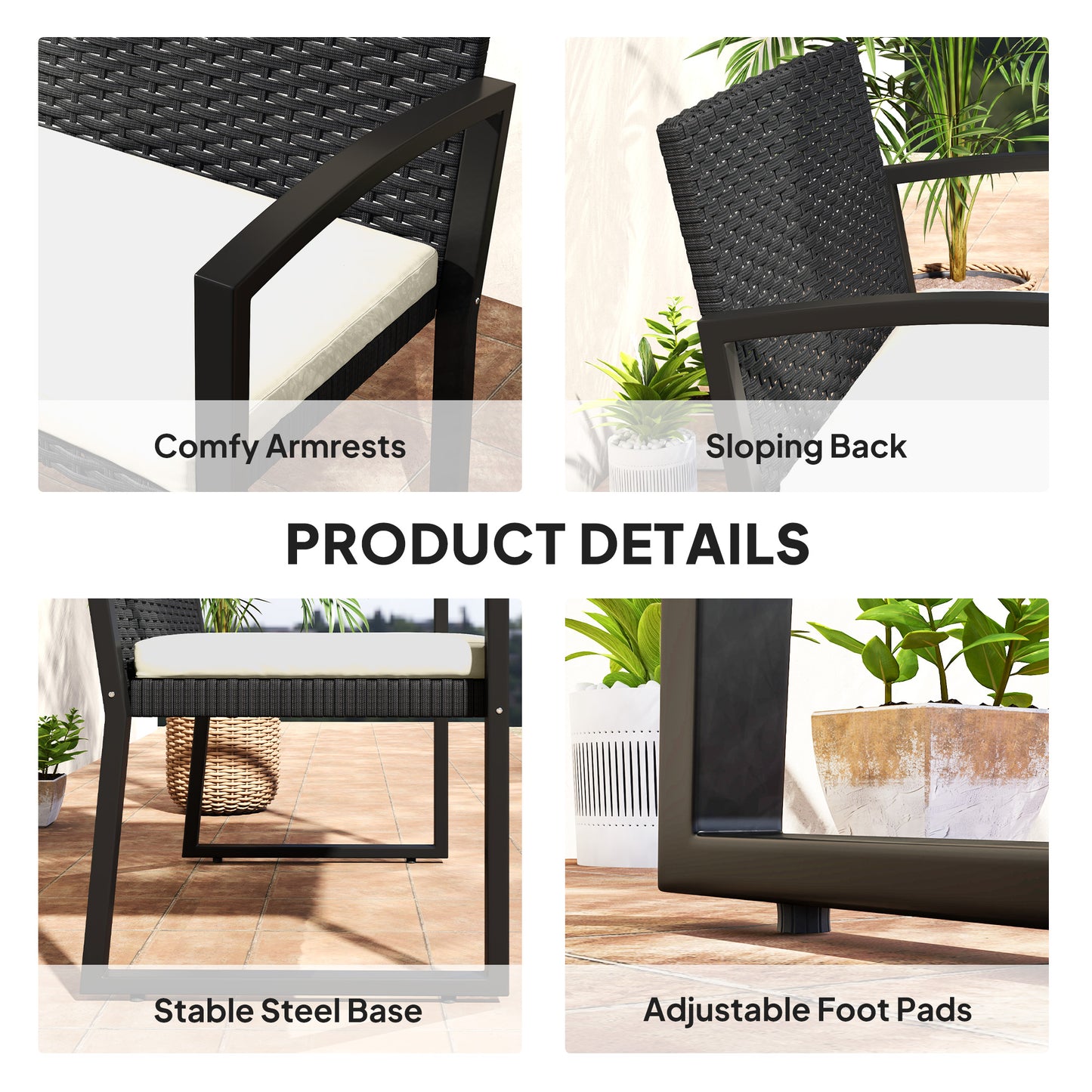 Lalepa Black Rattan Beige 2 Seater Outdoor Garden Bench