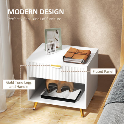 Sedora Vela White And Gold Tone Elegant Bedside Table With Ribbed Drawer And Shelf