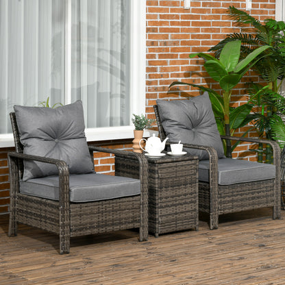 Ziha Rattan Grey 3 Piece Bistro Set With Storage Coffee Table And Cushioned Chairs