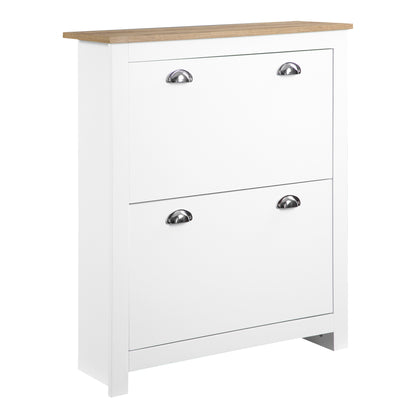 Neneka Wooden White and Natural Slim Shoe Cabinet With 2 Flip Drawers For 12 Pairs