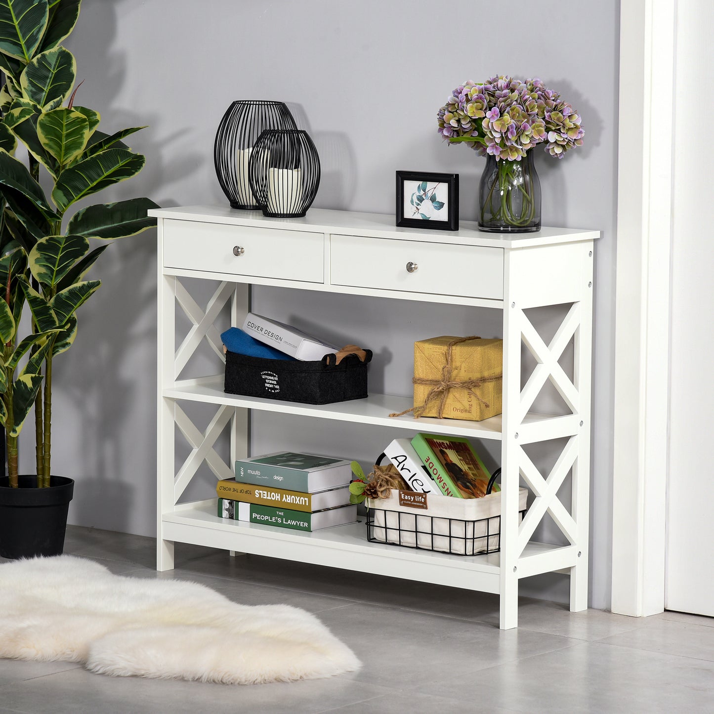 Ralupa 100cm Wooden White X Frame Console Table With Drawers And Open Shelving