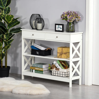 Ralupa 100cm Wooden White X Frame Console Table With Drawers And Open Shelving