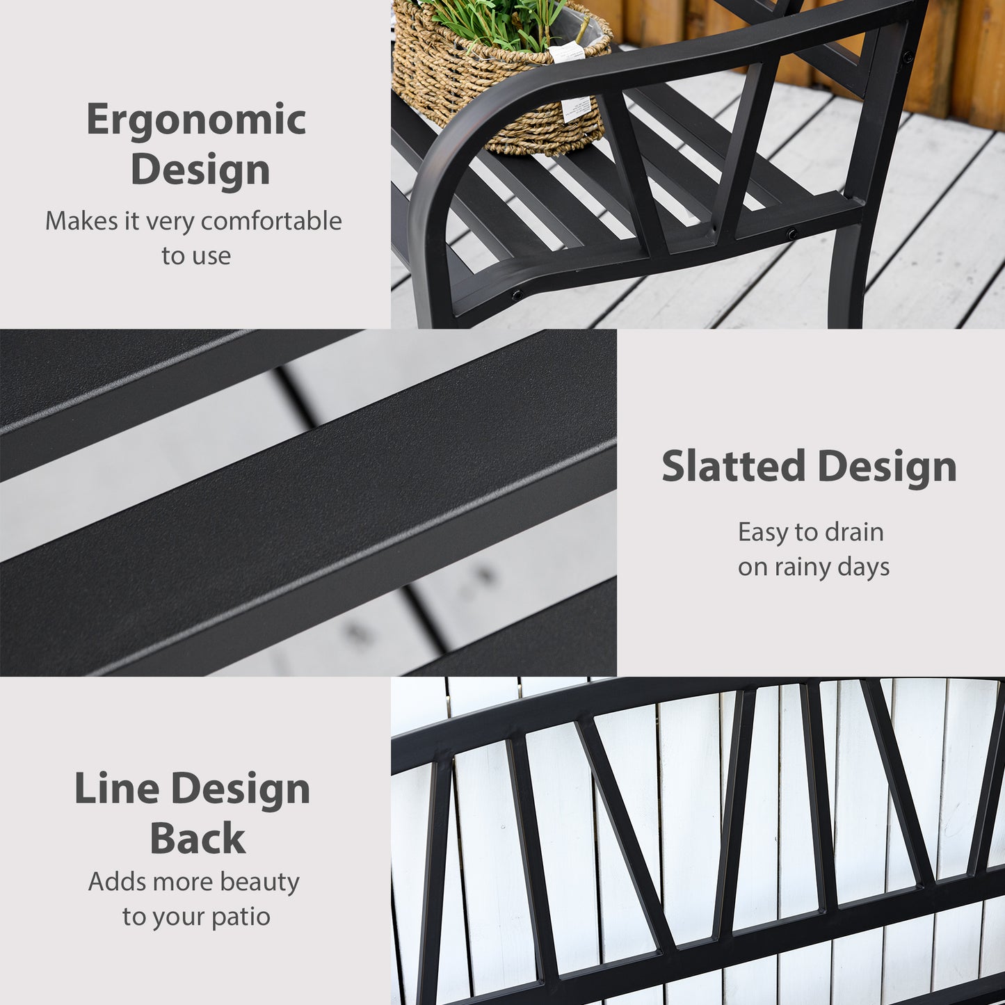 Sutte Metal Black 2 Seater Outdoor Garden Bench With Cushion and Decorative Backrest