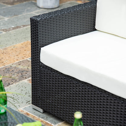 Elrolo Rattan Black 4 Seater Outdoor Sofa Set With White Cushions and Rectangular Coffee Table Glass Top