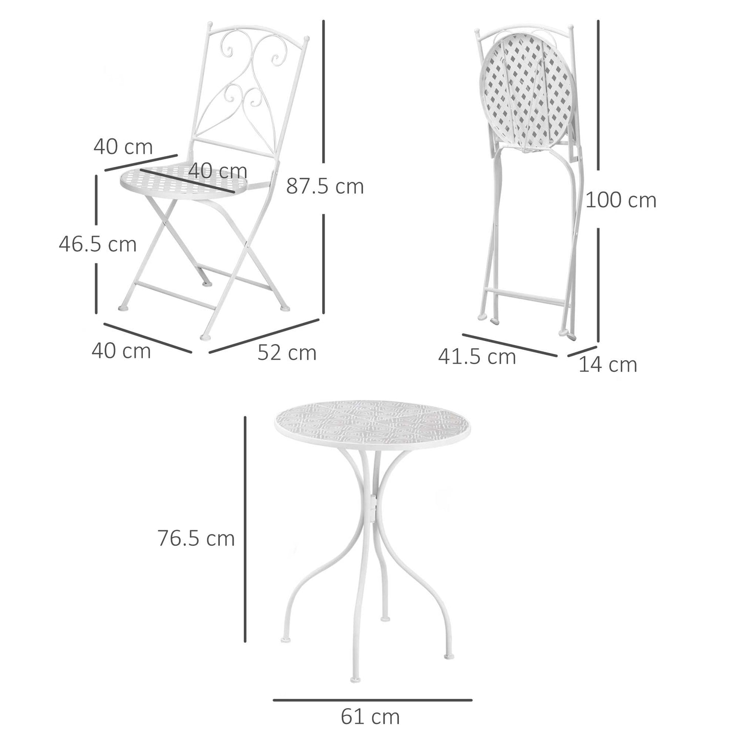 Sufi 3 Piece Metal Frame Bistro Table And Chair Set In White