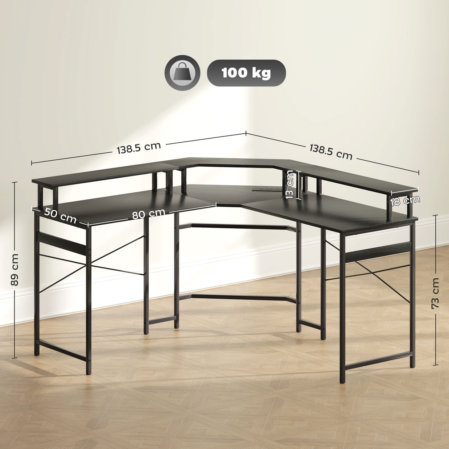 Vevano 138.5cm Black L Shaped Work Desk With Integrated LED Lighting